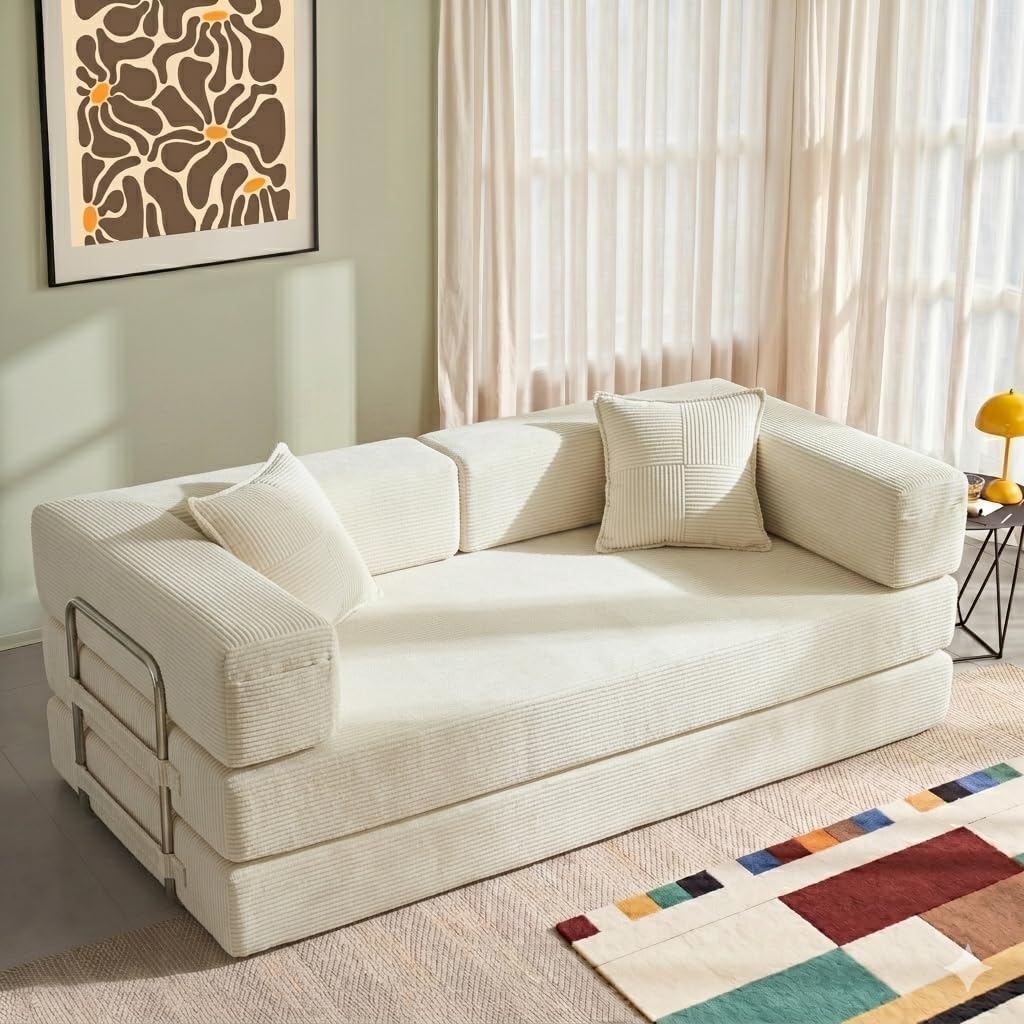 Cloud™ Modular Sofa Bed – 3-Seater Corduroy Folding Couch with Washable Cover, 200 cm - White