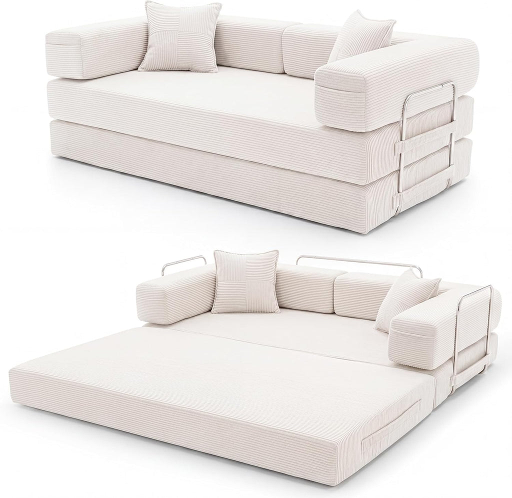 Cloud™ Modular Sofa Bed – 3-Seater Corduroy Folding Couch with Washable Cover, 200 cm - White