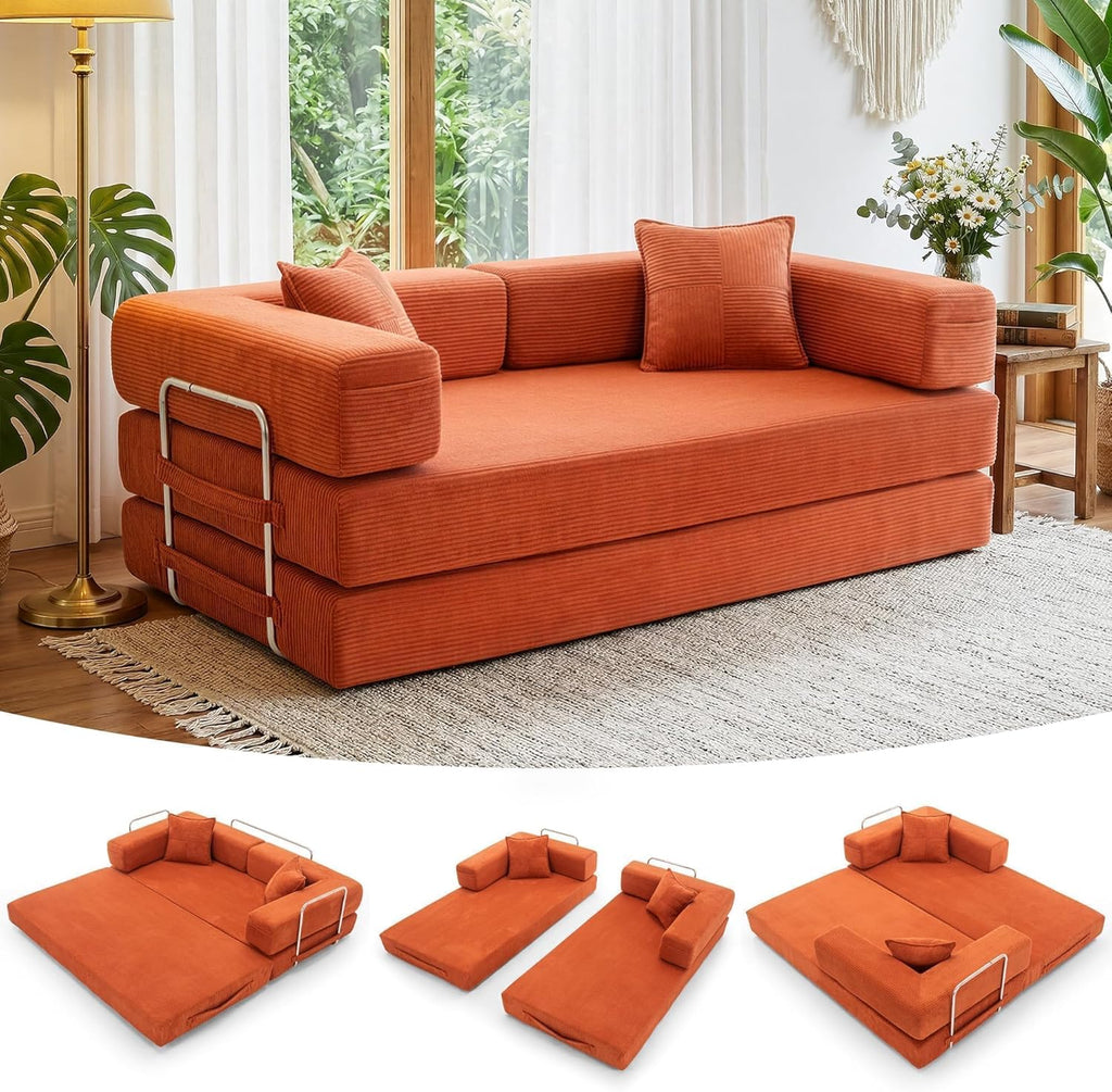 Cloud™ Modular Sofa Bed – 3-Seater Corduroy Folding Couch with Washable Cover, 200 cm - Orange