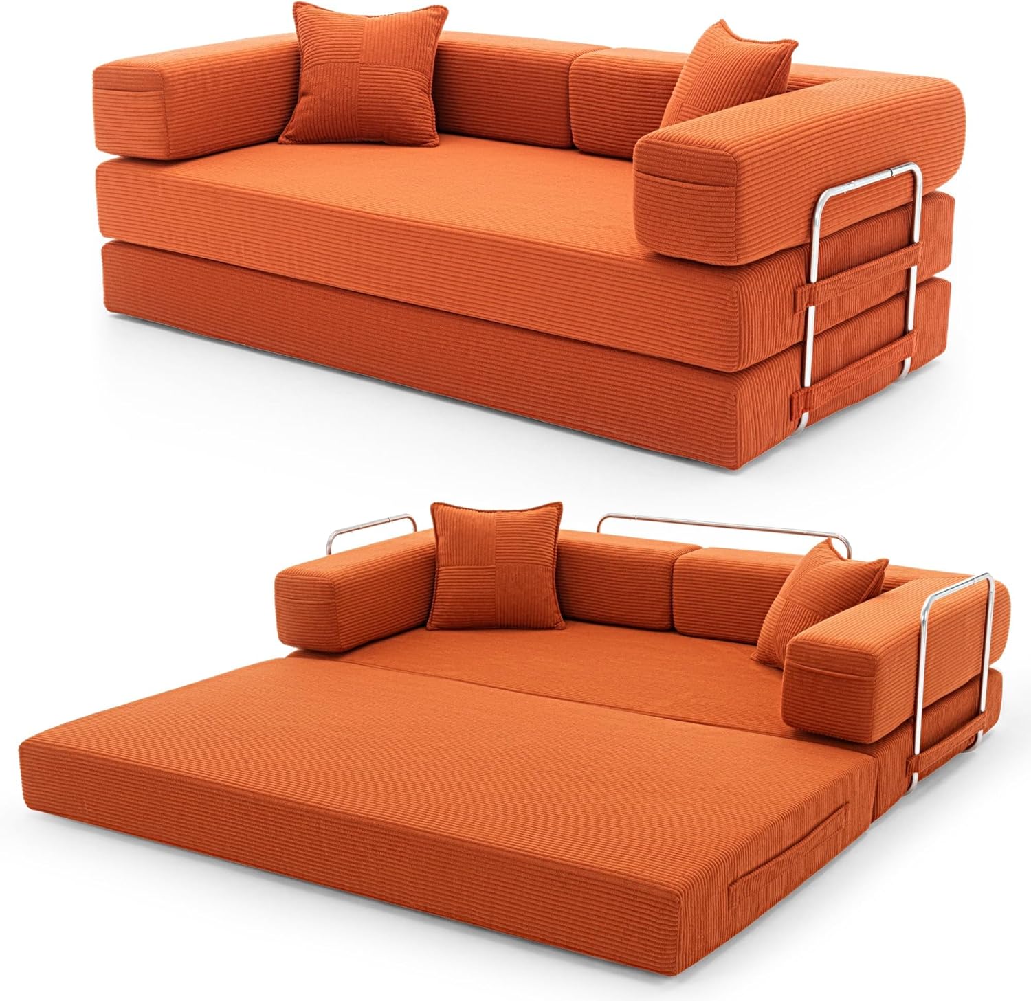 Cloud™ Modular Sofa Bed – 3-Seater Corduroy Folding Couch with Washable Cover, 200 cm - Orange