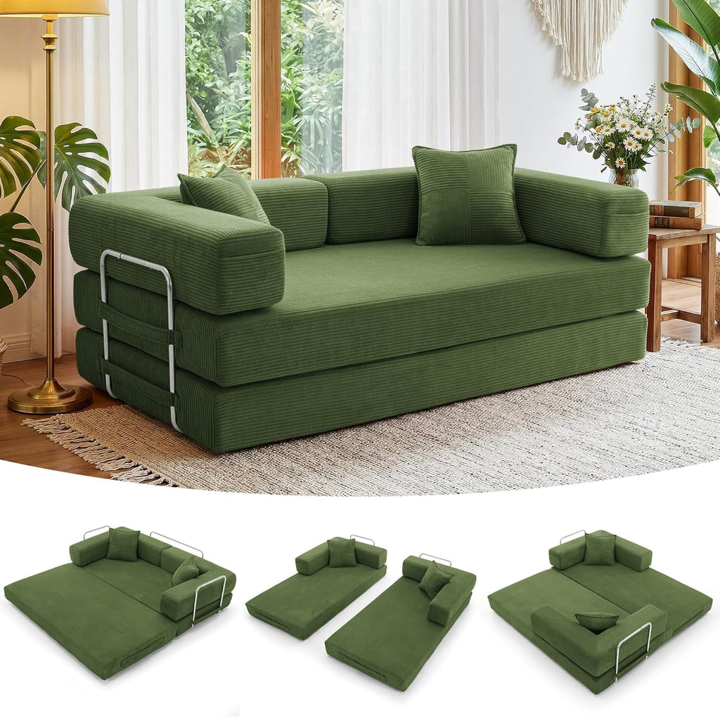 Cloud™ Modular Sofa Bed – 3-Seater Corduroy Folding Couch with Washable Cover, 200 cm - Green