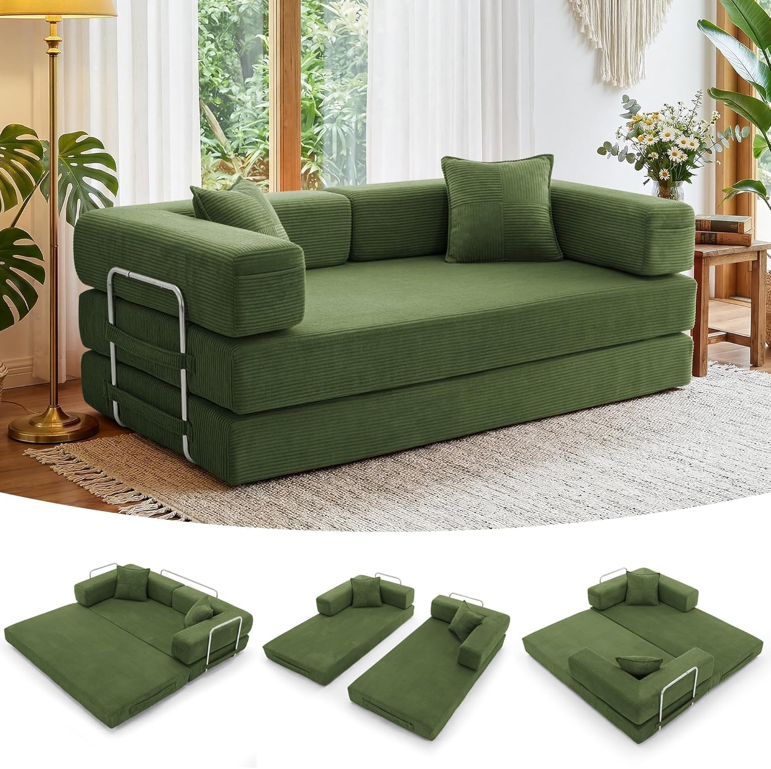 Cloud™ Modular Sofa Bed – 3-Seater Corduroy Folding Couch with Washable Cover, 200 cm - Green