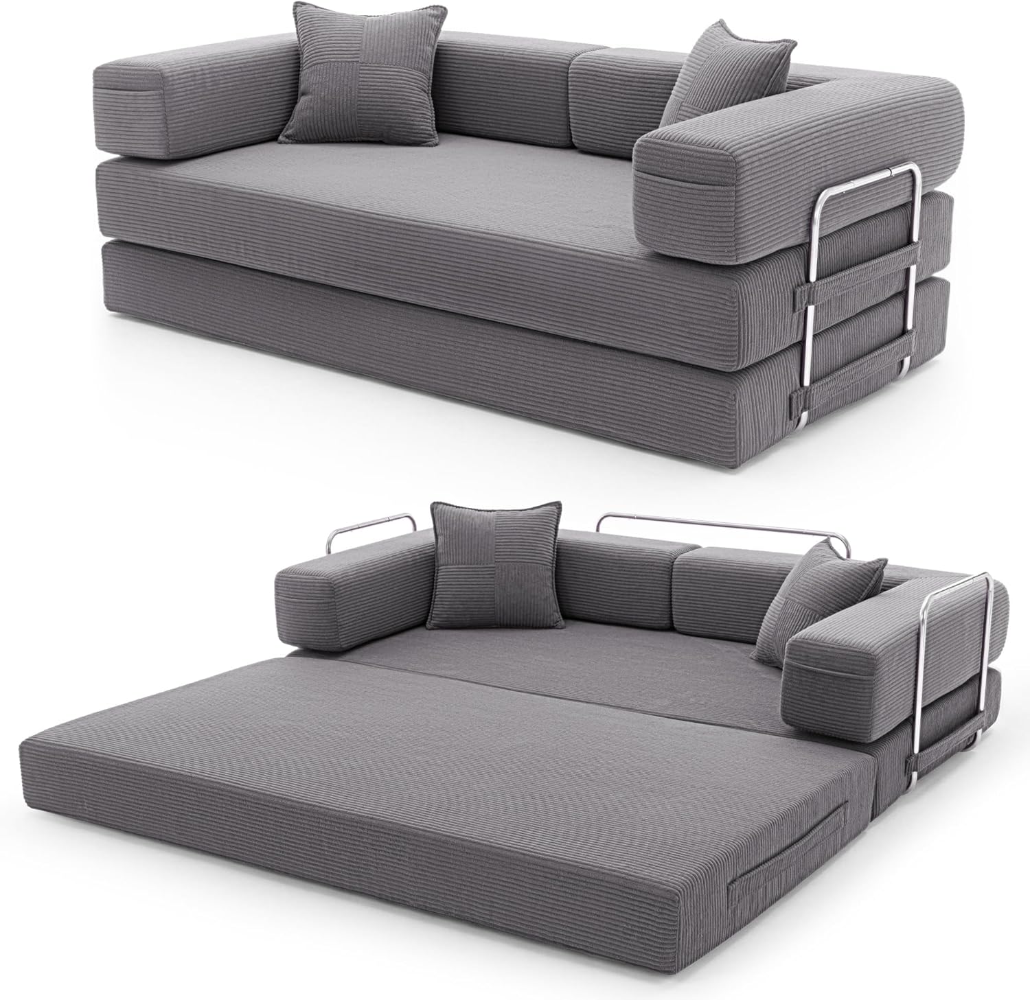 Cloud™ Modular Sofa Bed – 3-Seater Corduroy Folding Couch with Washable Cover, 200 cm - Gray