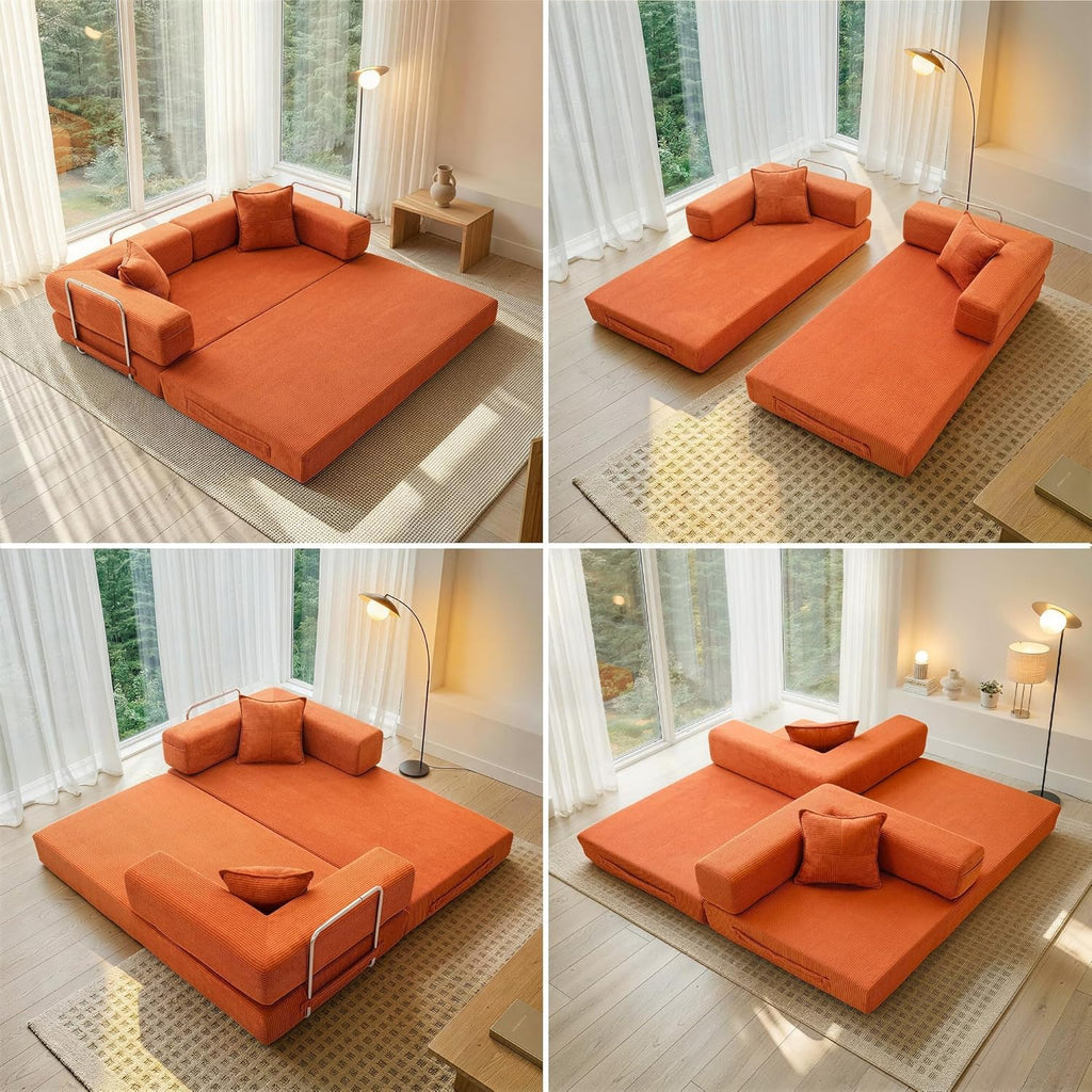 Cloud™ Modular Sofa Bed – 3-Seater Corduroy Folding Couch with Washable Cover, 200 cm - Orange