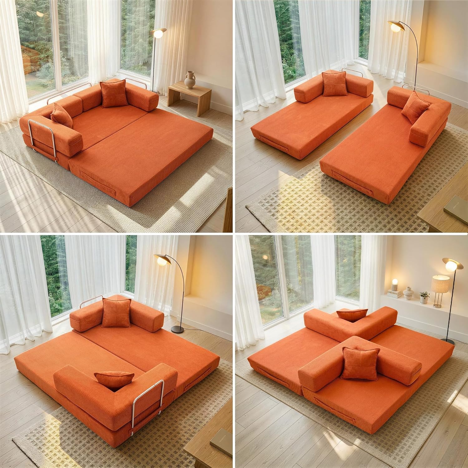 Cloud™ Modular Sofa Bed – 3-Seater Corduroy Folding Couch with Washable Cover, 200 cm - Orange
