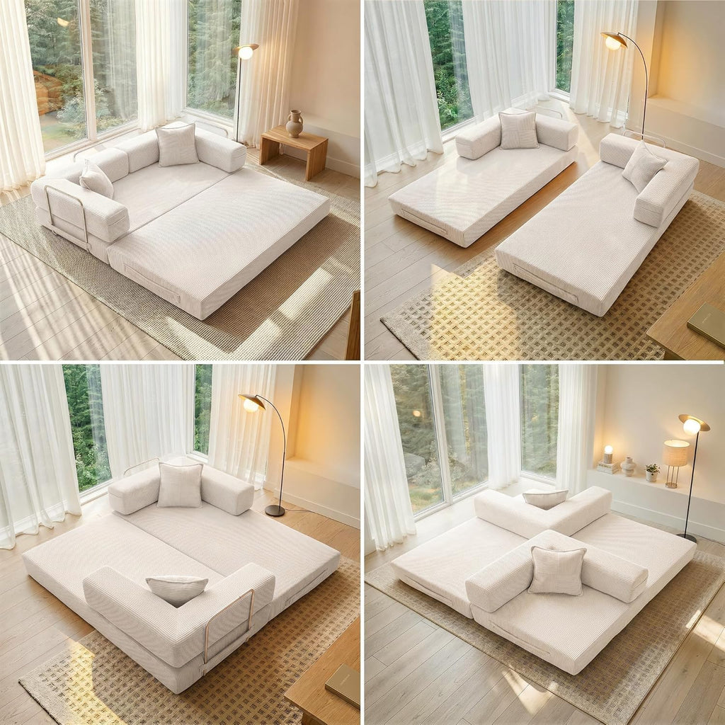 Cloud™ Modular Sofa Bed – 3-Seater Corduroy Folding Couch with Washable Cover, 200 cm - White