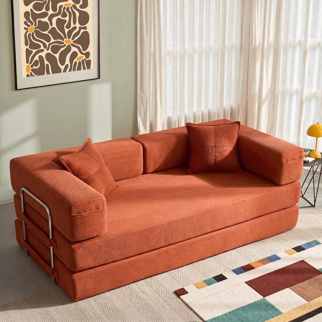 Cloud™ Modular Sofa Bed – 3-Seater Corduroy Folding Couch with Washable Cover, 200 cm - Orange