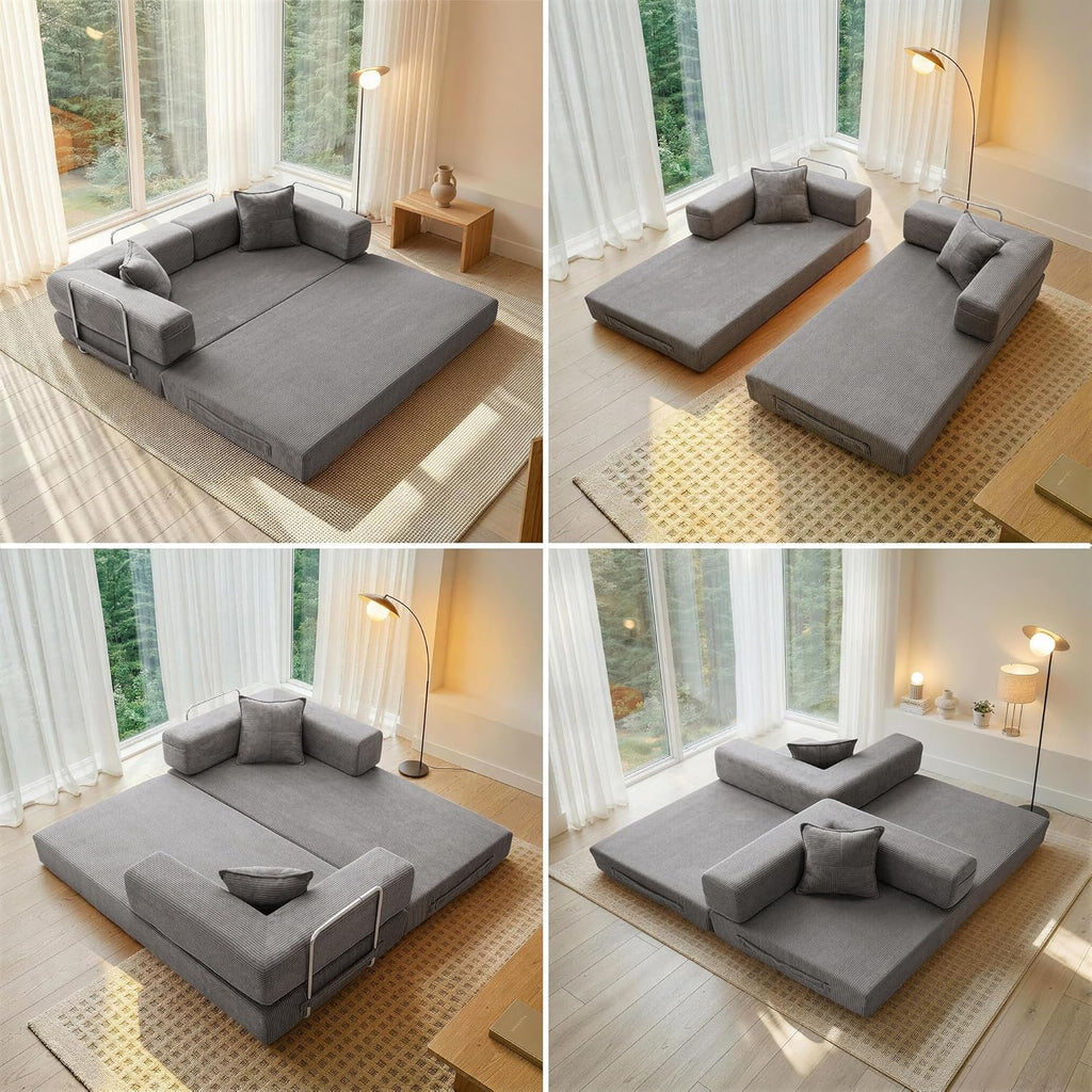 Cloud™ Modular Sofa Bed – 3-Seater Corduroy Folding Couch with Washable Cover, 200 cm - Gray