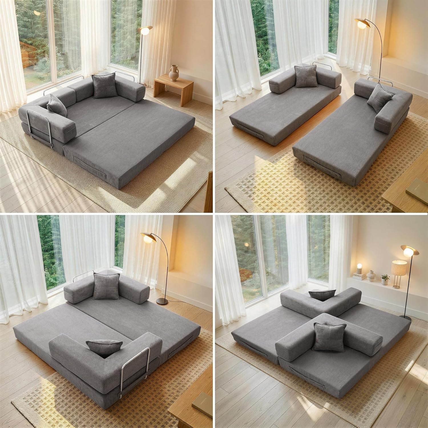 Cloud™ Modular Sofa Bed – 3-Seater Corduroy Folding Couch with Washable Cover, 200 cm - Gray