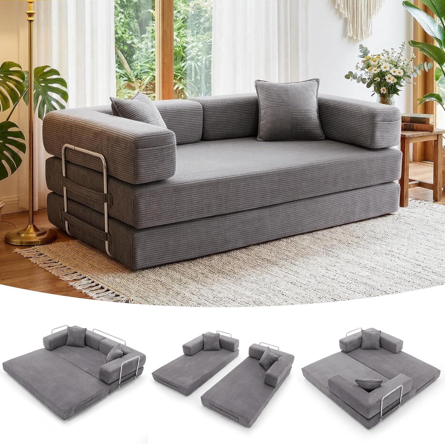 Cloud™ Modular Sofa Bed – 3-Seater Corduroy Folding Couch with Washable Cover, 200 cm - Gray