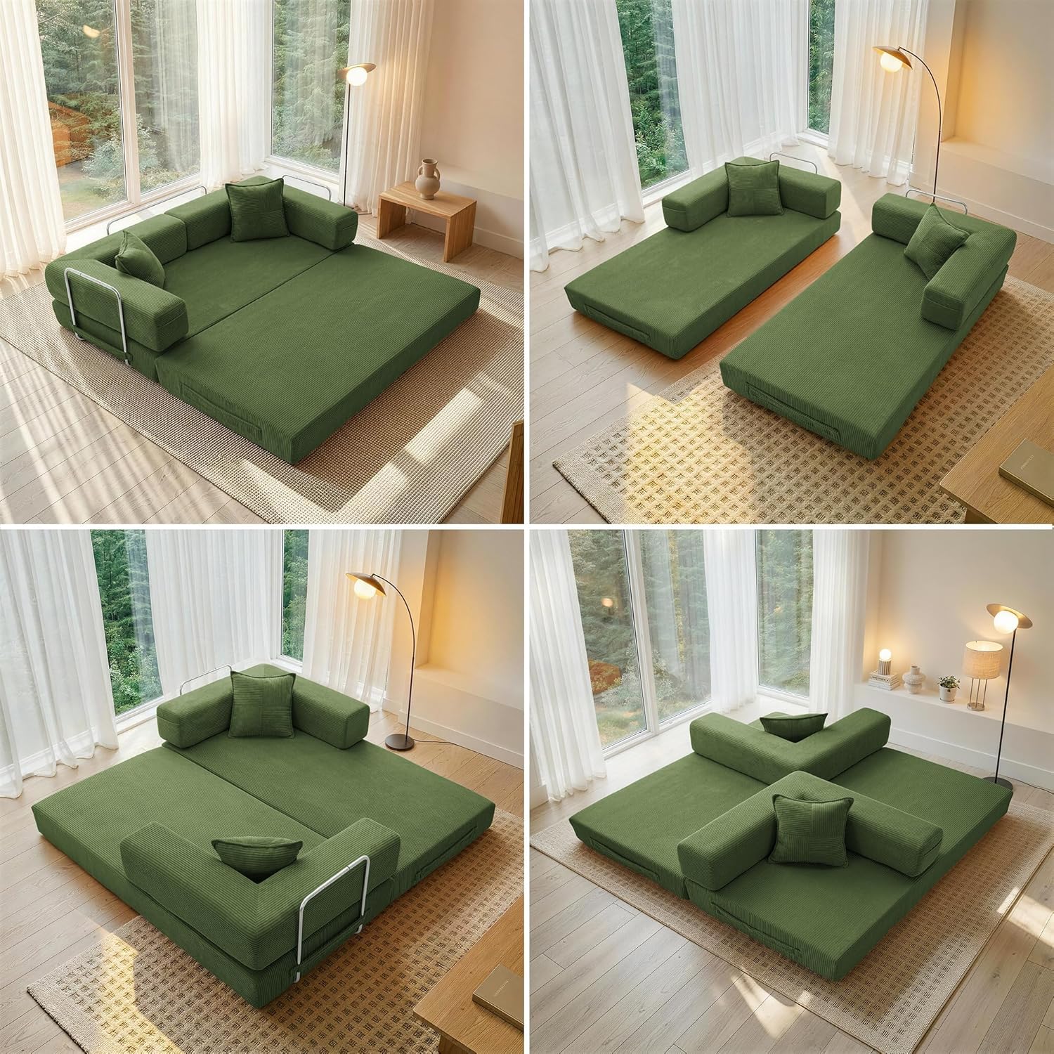 Cloud™ Modular Sofa Bed – 3-Seater Corduroy Folding Couch with Washable Cover, 200 cm - Green