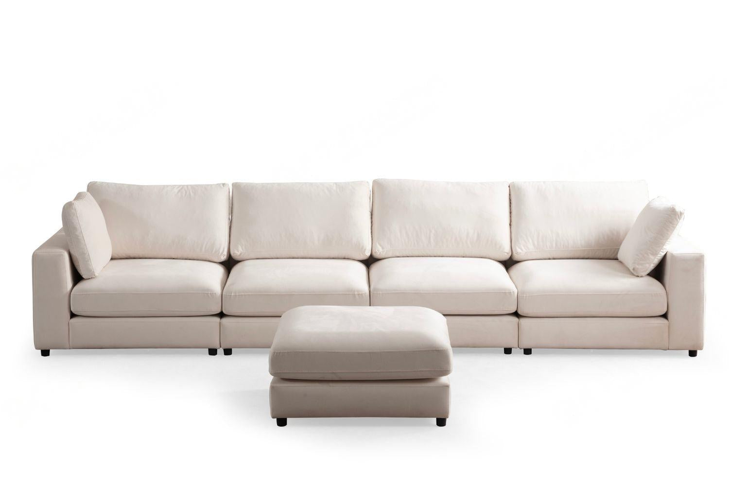 Julia Modular Sofa - Off White Velvet 4-Seater + 1 Pouf