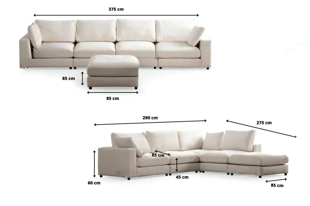 Julia Modular Sofa - Off White Velvet 4-Seater + 1 Pouf