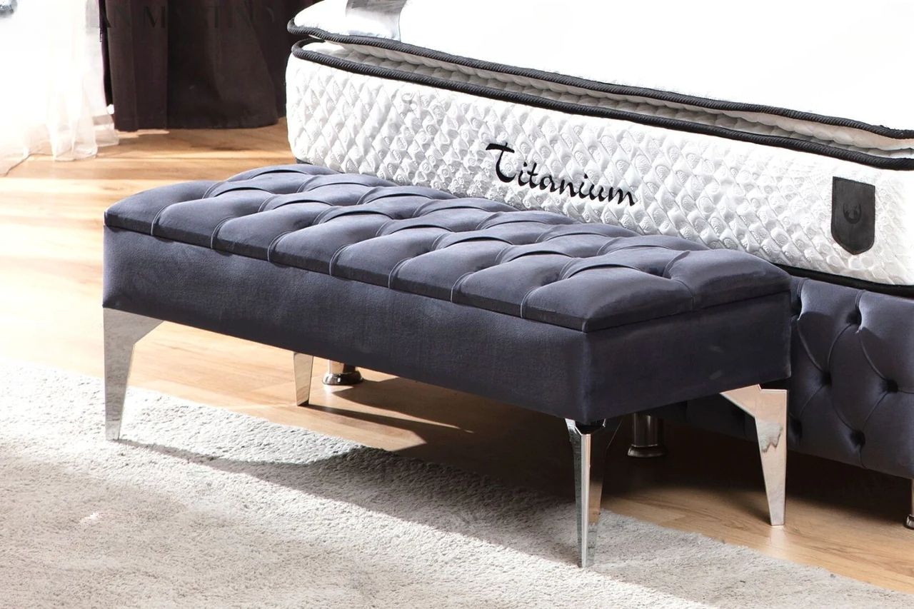 Banquette Coffre Capitonné - Velours Gris Anthracite
